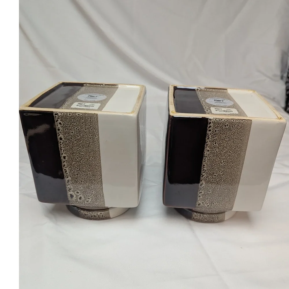 Pier 1 Canister Set Brown Tri Color Reactive‎ Glaze 2pc Stoneware Canister